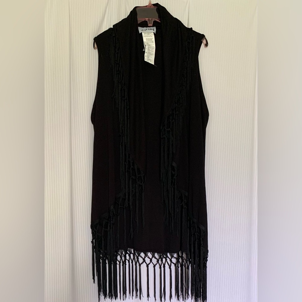 Joseph Ribkoff Vest Cardigan Tassel Fringe Trim Waterfall Collar Rayon Blend